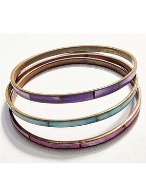 Vintage Brass and Mother of Pearl Purple, Pink, Turquoise Bangles